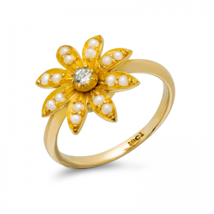 Pre-owned-Early-20th-Century-18ct-Gold-Seed-Pearl-Diamond-Flower-Ring-hc-jewellers-royston-hertfordshire