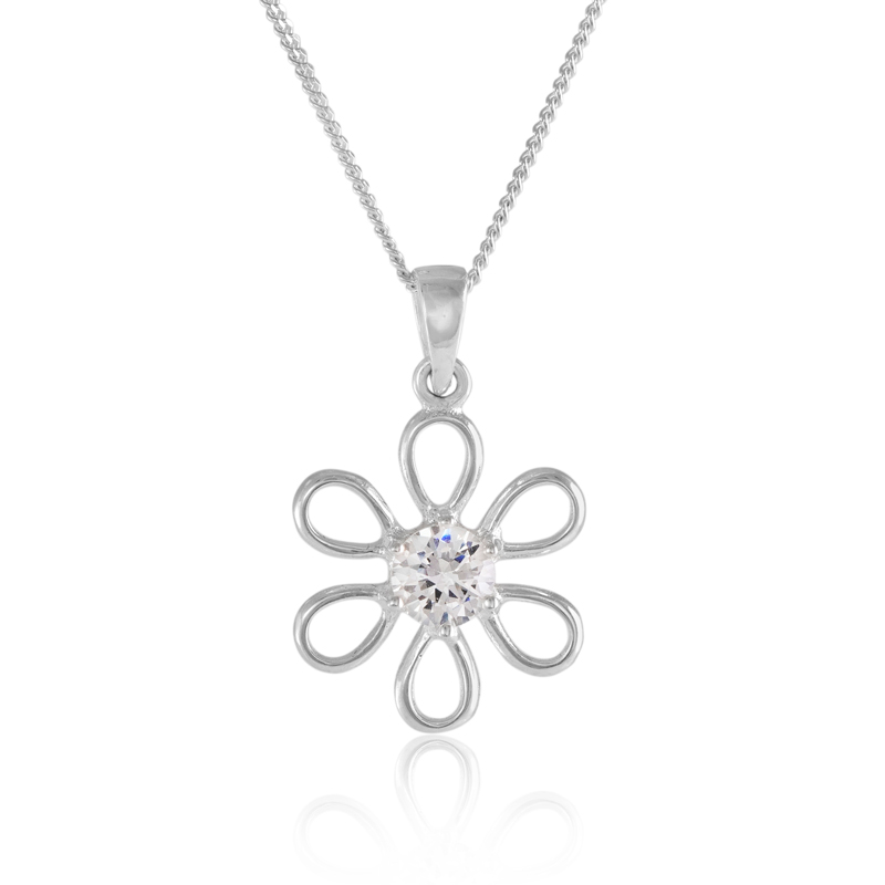 Silver Cubic zirconia pendant -Sterling Silver Cubic Zirconia Flower Pendant - HC Jewellers - Royston