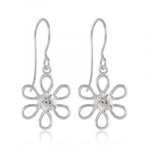 Silver Flower Earrings - Sterling Silver Cubic Zirconia Flower Drop Earrings - Sterling Silver - HC Jewellers - Royston