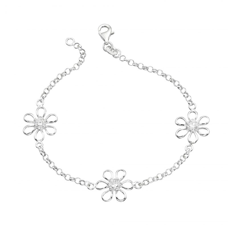 Silver flower bracelet - cubic zirconia bracelet - silver cubic zirconia flower bracelet - HC Jewellers - Royston