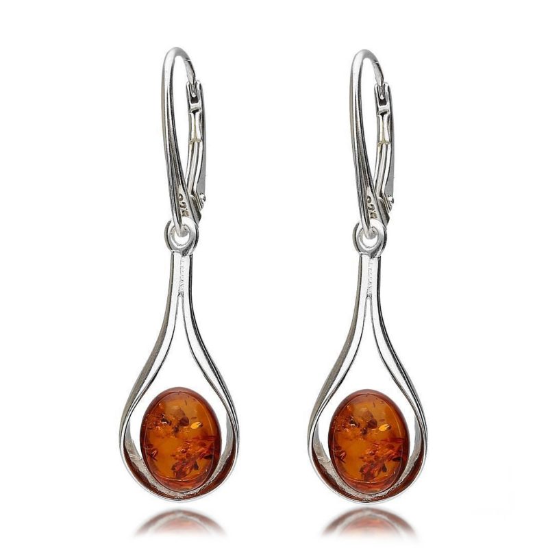 amber drop earrings - cognac - silver - HC Jewellers - Royston