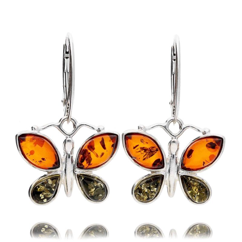 butterfly drop earrings - cognac amber - silver - HC Jewellers - Royston