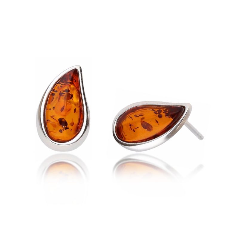cognac amber stud earrings - pear shape - sterling silver - HC Jewellers - Royston