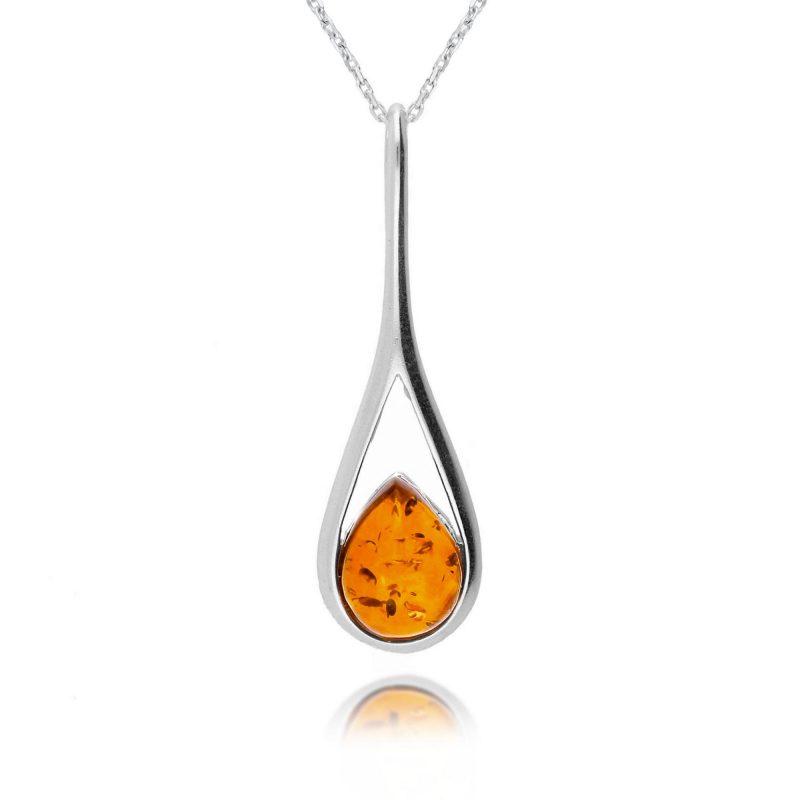 amber teardrop pendant - cognac - sterling silver - HC Jewellers - Royston