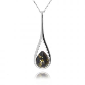 silver green amber pendant - teardrop - sterling silver - HC Jewellers - Royston