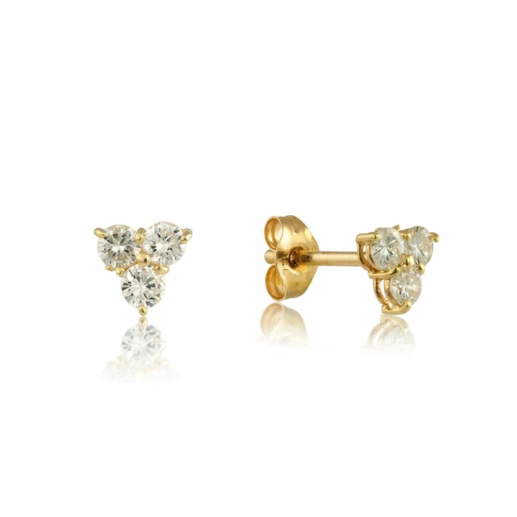 18ct Gold & three Diamond cluster stud earrings