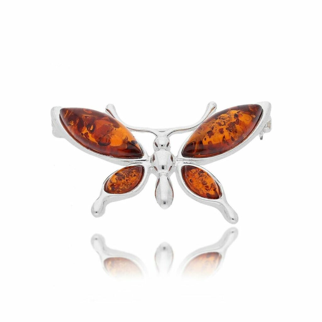 Silver Amber Butterfly Brooch
