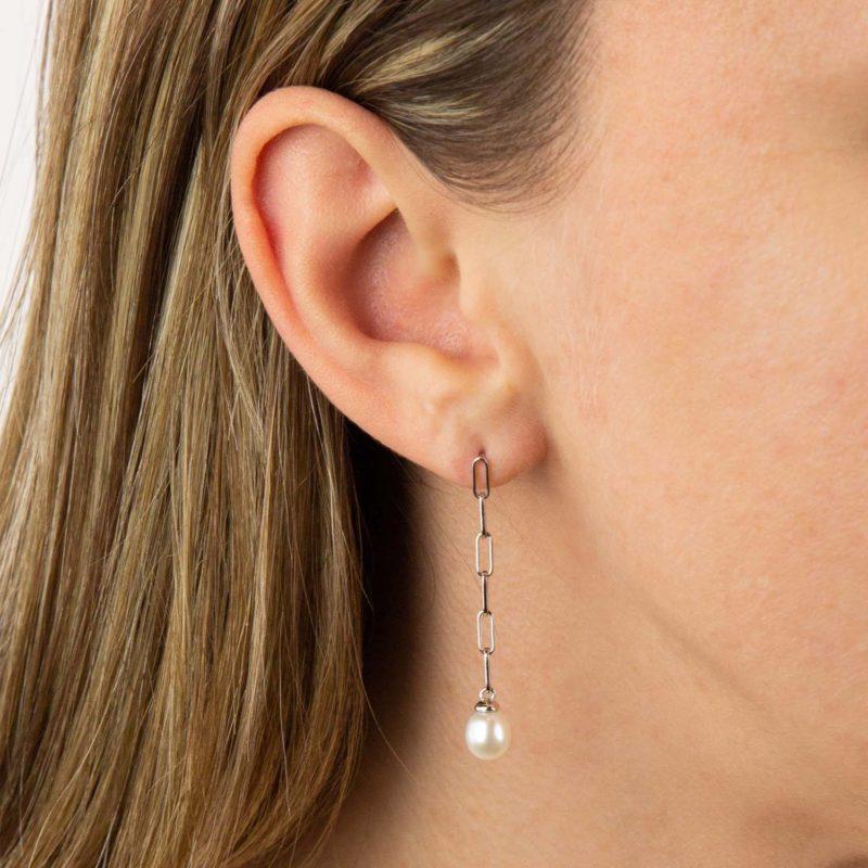 Silver Chain Link Pearl Drop Earrings by Fiorelli