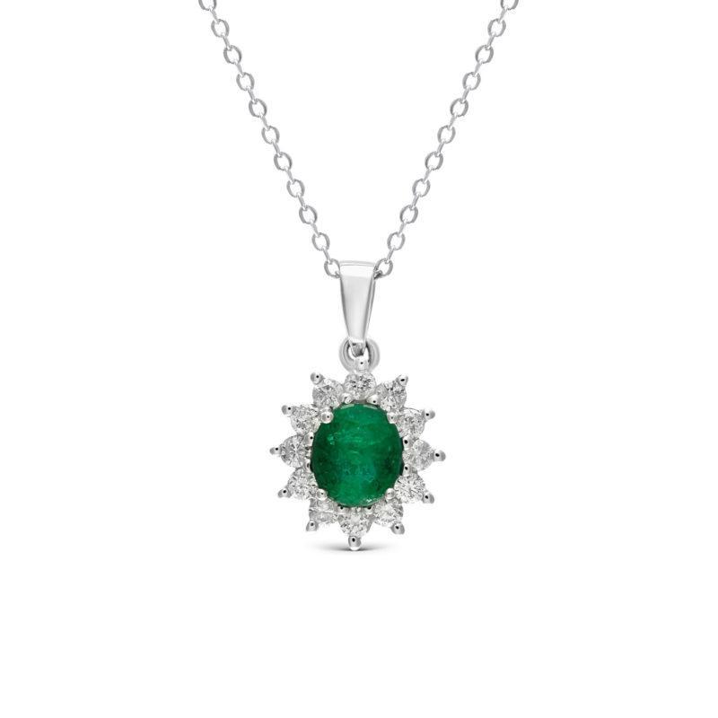 white gold emerald and diamond cluster pendant