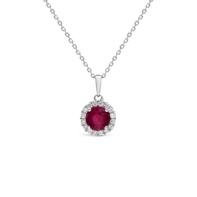 white gold ruby and diamond halo pendant