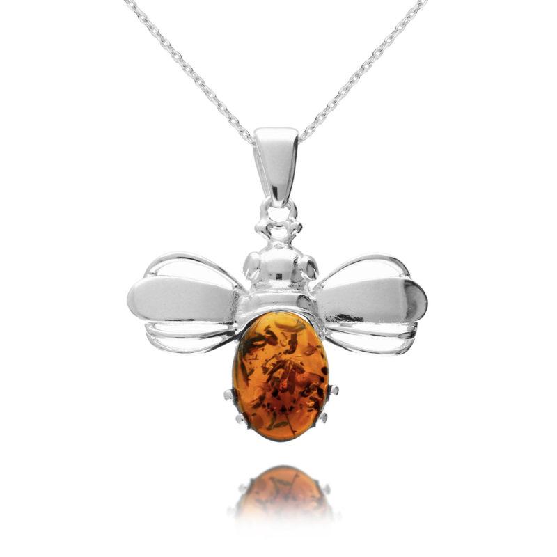 Silver and Amber Bee Pendant with a silver chain