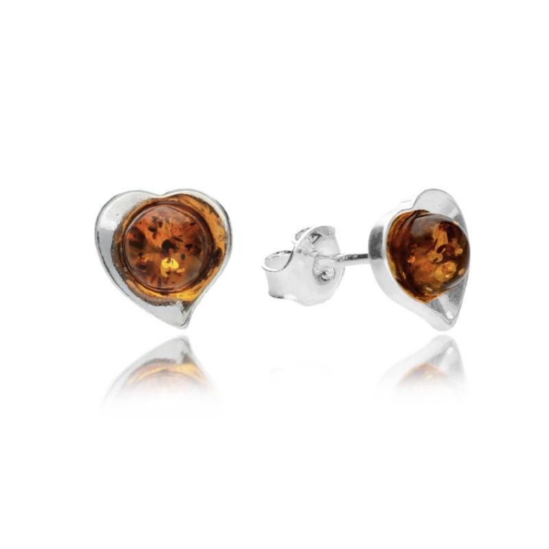 Silver and Amber Heart Stud earrings