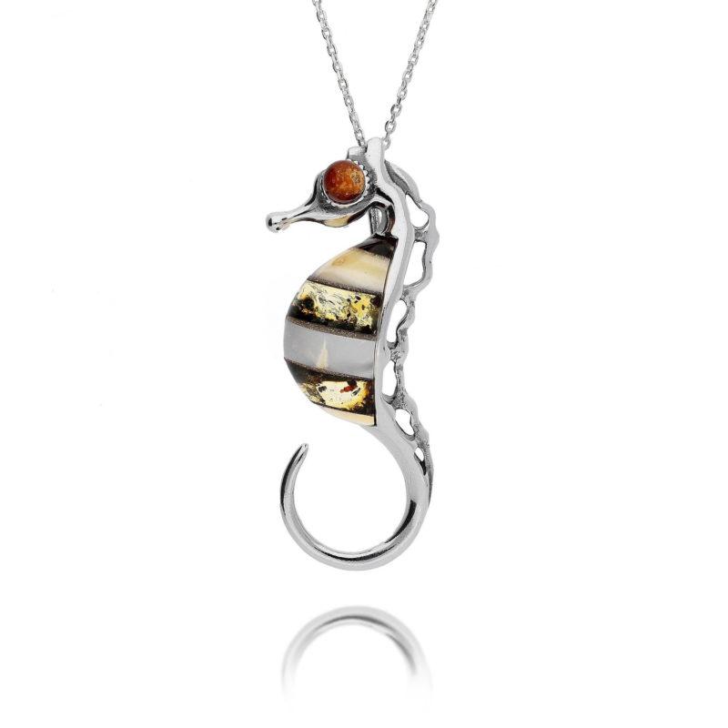 Silver Amber Seahorse Pendant with a silver chain