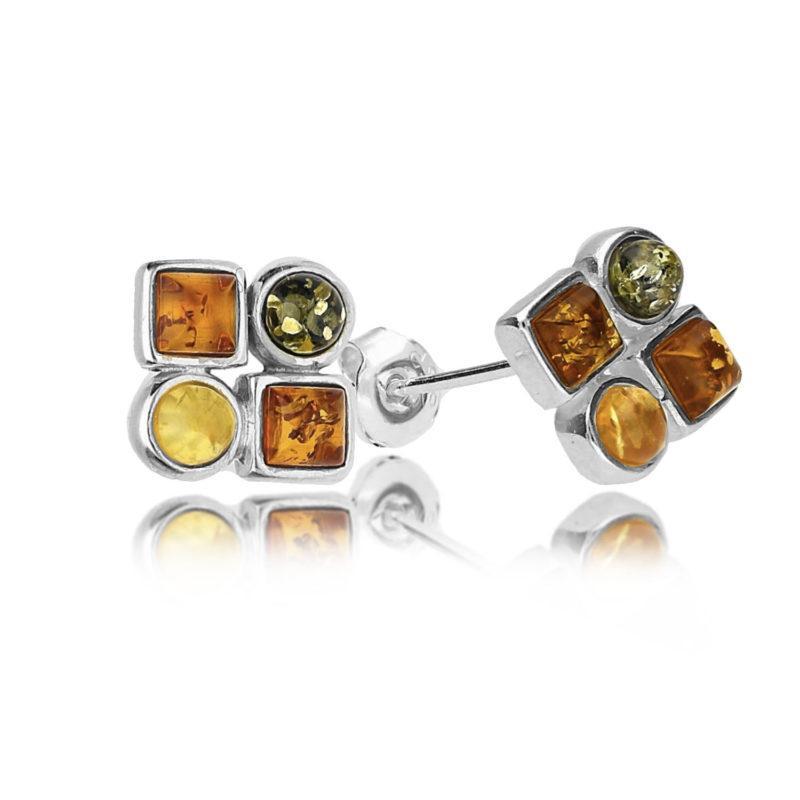 Silver Multicolour Amber Stud Earrings