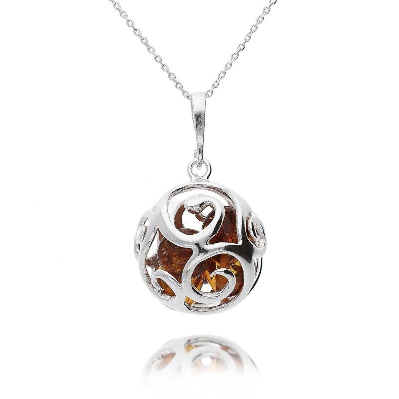 Silver Amber Sphere Pendant with a silver chain