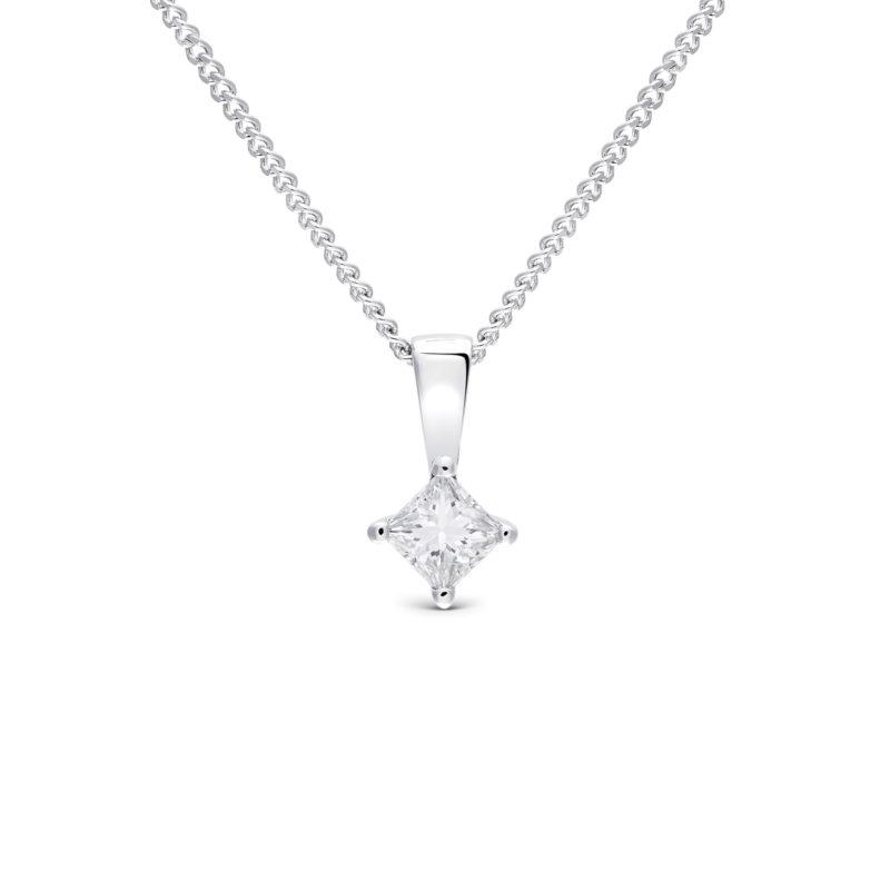 White gold princess cut diamond pendant on chain