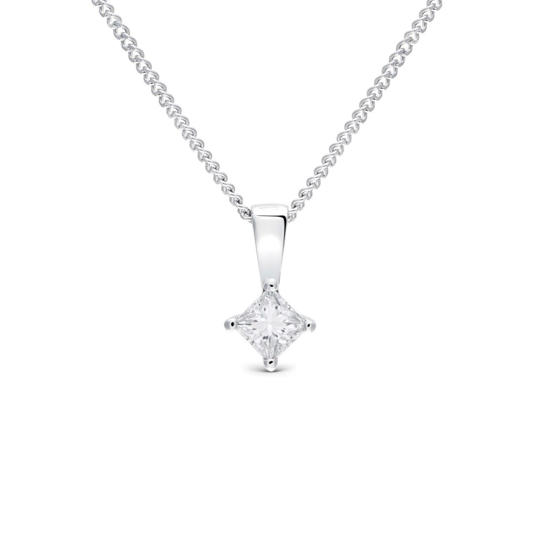 White gold princess cut diamond pendant on chain