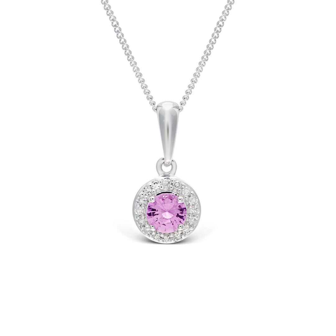 white gold pink sapphire diamond halo pendant