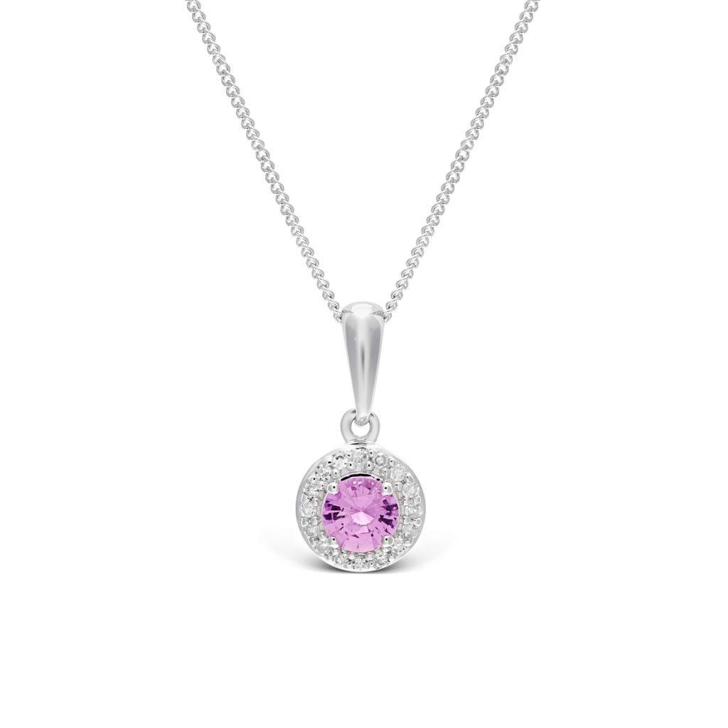 white gold pink sapphire diamond halo pendant