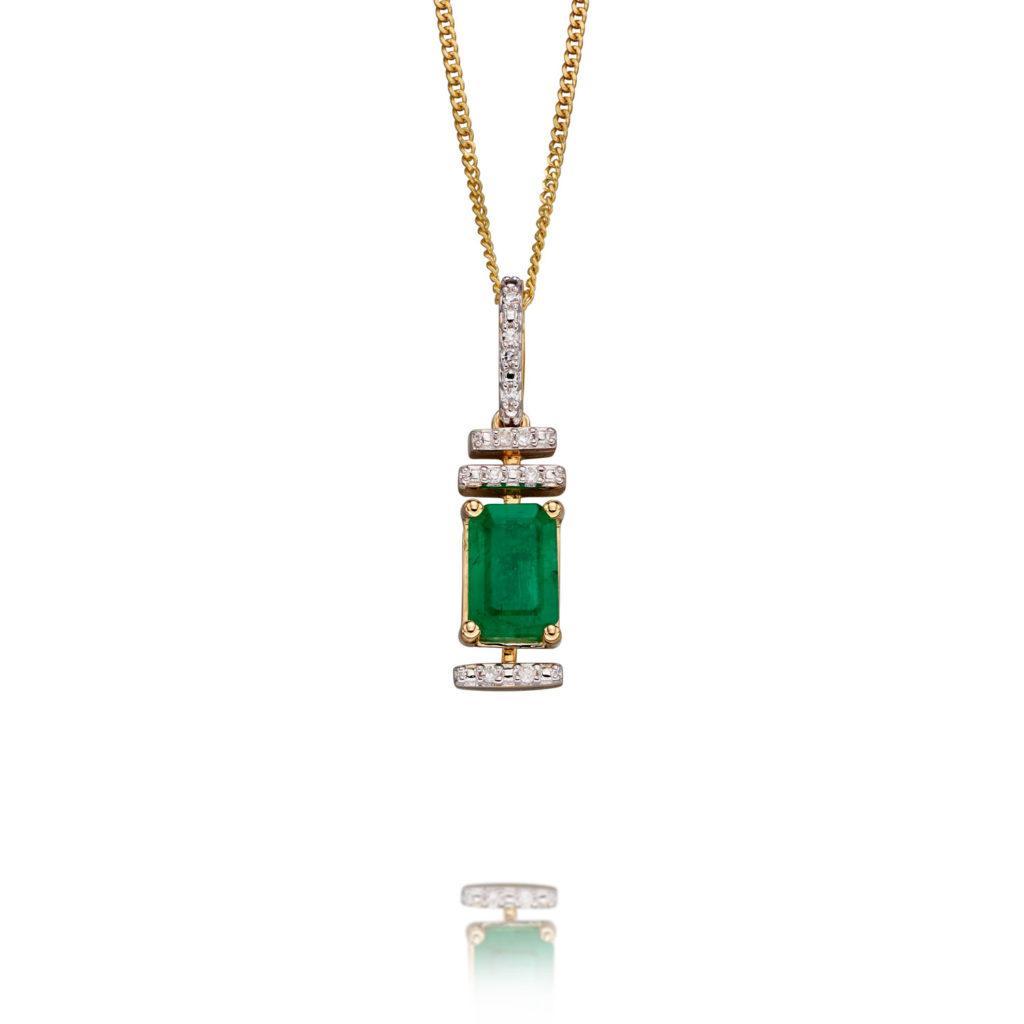 9ct Gold Emerald & Diamond Deco Pendant