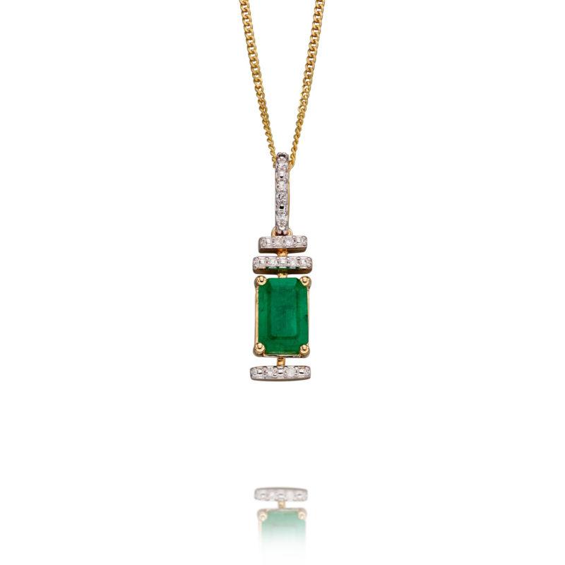 9ct Gold Emerald & Diamond Deco Pendant