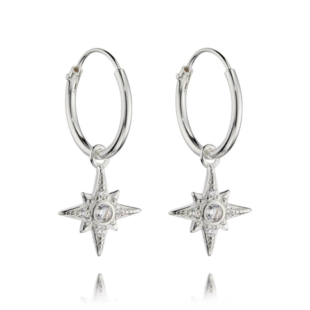 Silver CZ Starburst Charm Hoop Earrings