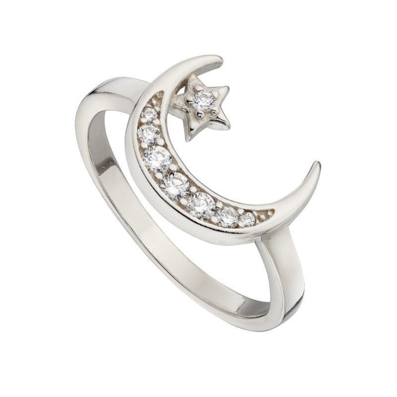 Silver Crescent Moon & Star Ring