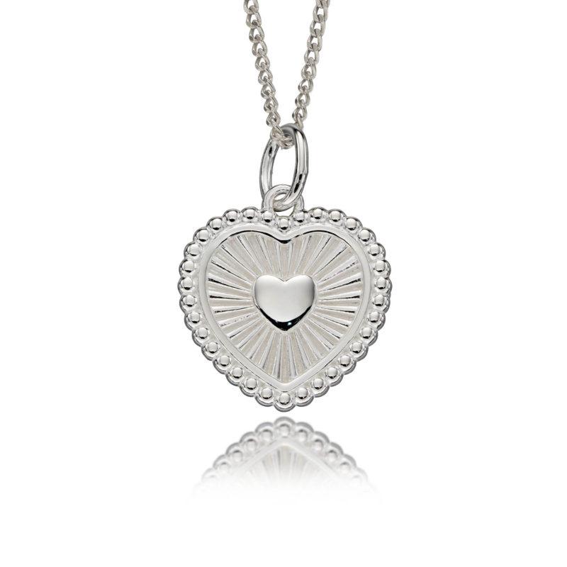 Silver Sun Ray Heart Pendant and Chain