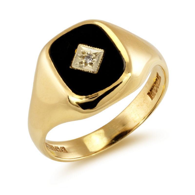Pre-owned Mens 9ct Gold Onyx and Diamond Ring