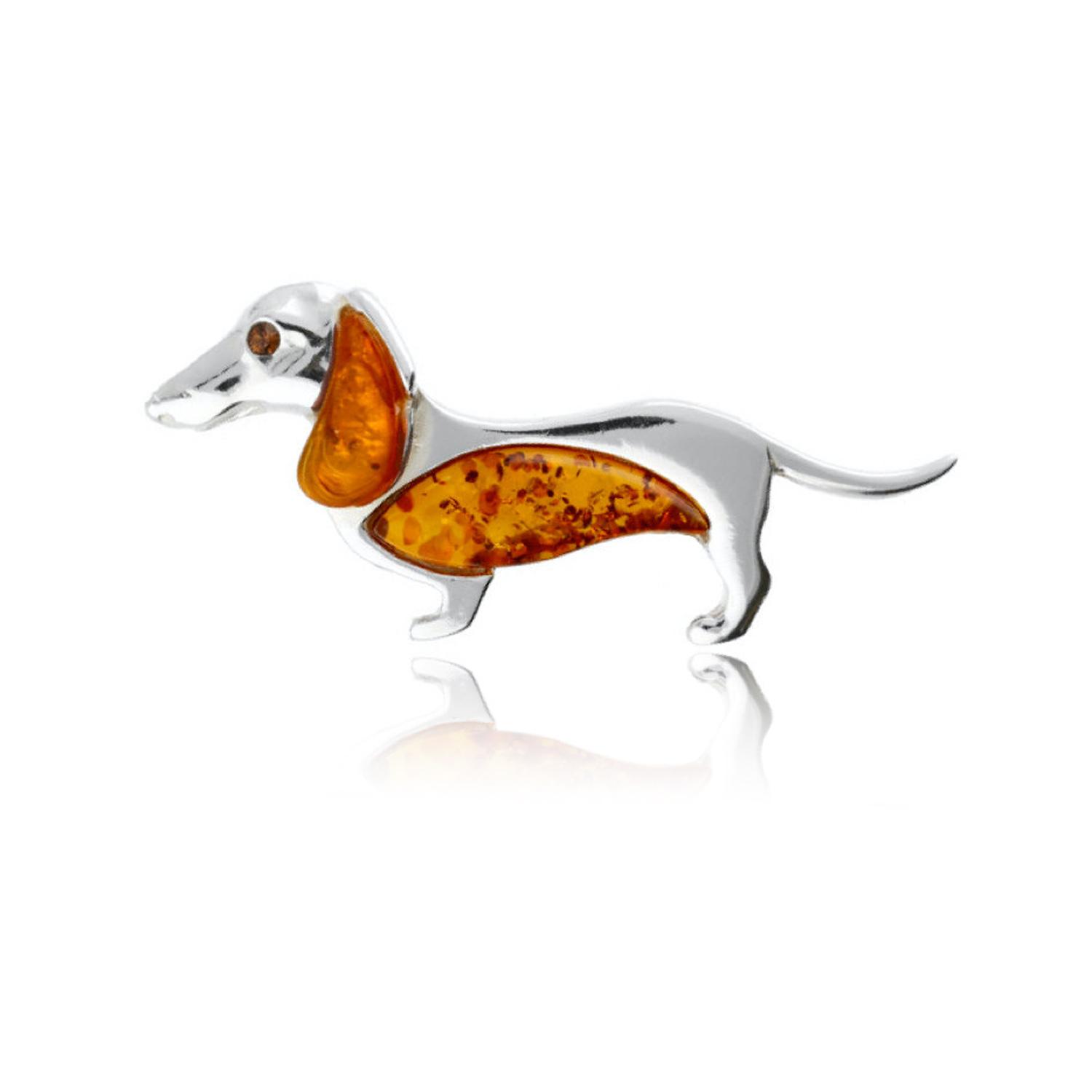 Silver Amber Sausage Dog Brooch