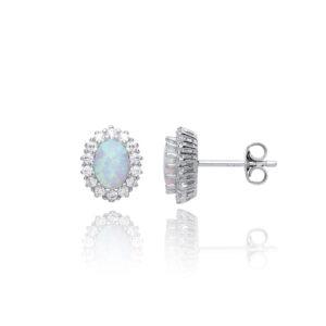 Silver Cubic Zirconia & Opal Oval Cluster Studs
