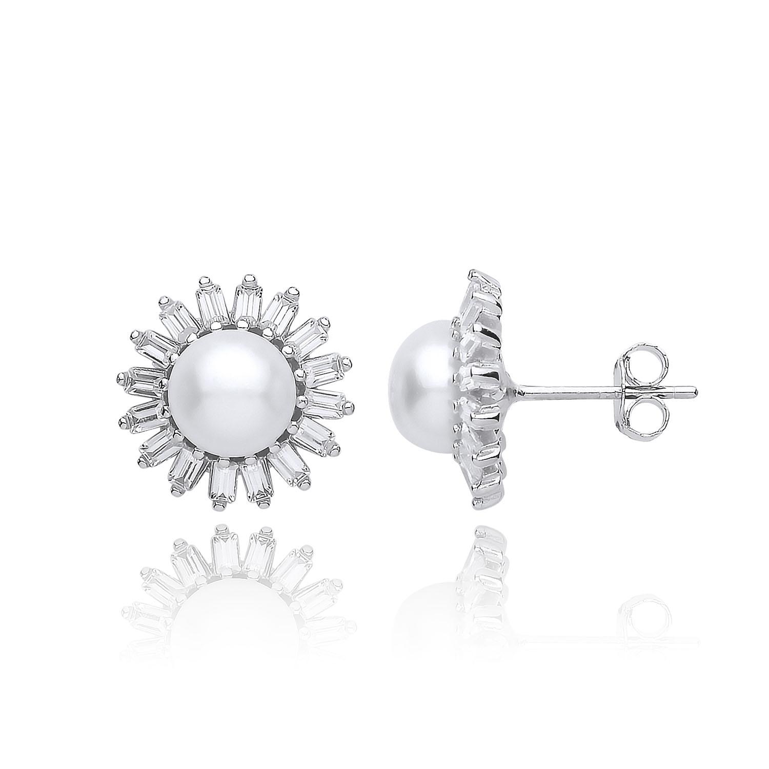 Silver Floral Freshwater Pearl & Cubic Zirconia Studs