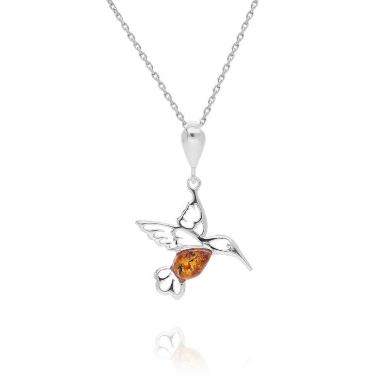Silver Amber Hummingbird Pendant