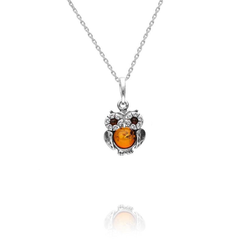 Silver Small Amber Owl Pendant