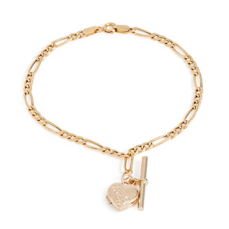 Pre-owned 9ct Gold Figaro T-Bar Bracelet with Heart Locket Charm