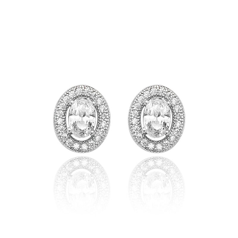 Silver Cubic Zirconia Oval Halo Studs