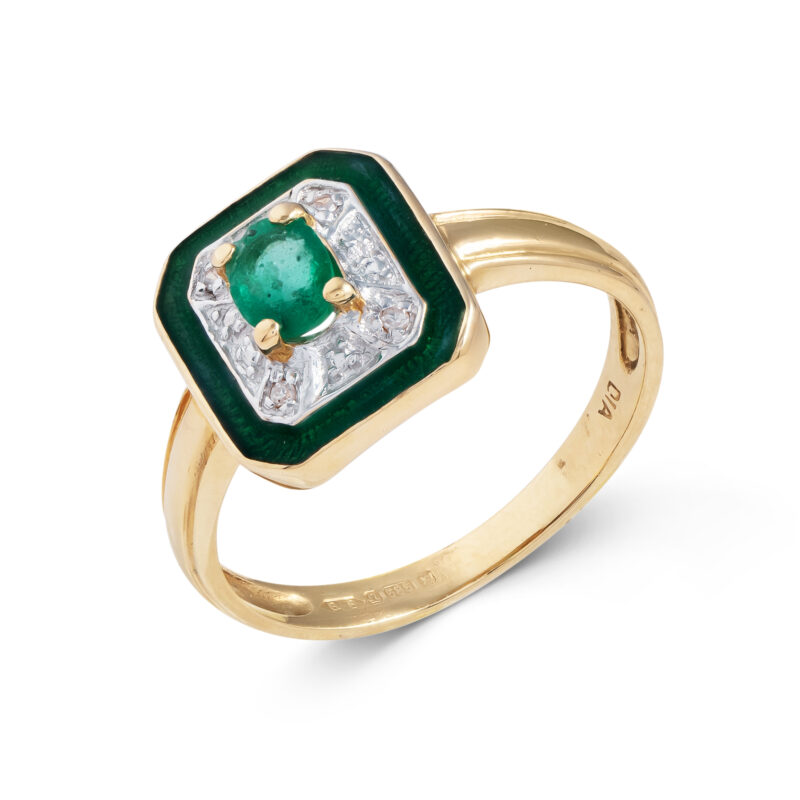 Pre-Owned 14ct Gold Emerald & Diamond Enamel Ring