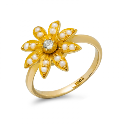 Pre-owned-Early-20th-Century-18ct-Gold-Seed-Pearl-Diamond-Flower-Ring-hc-jewellers-royston-hertfordshire